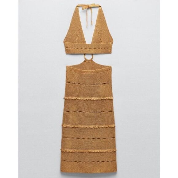 NWT Zara Blogger Fav Buckled Metallic Knit Cutout Dress Gold L Vacation - Picture 11 of 14